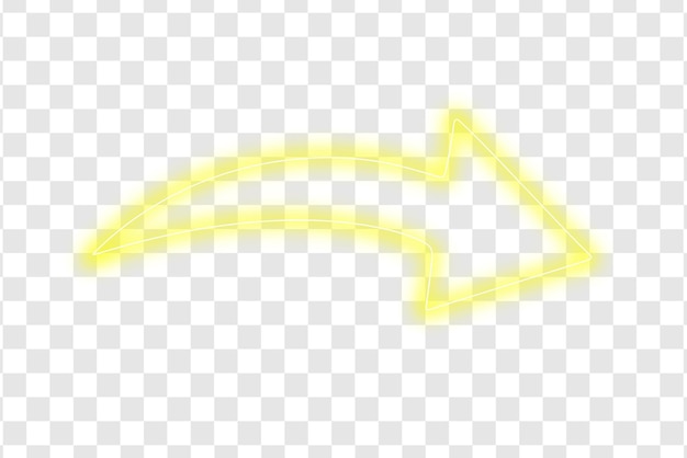 Gelber leuchtender Neonpfeil, gekrümmter Richtungszeiger, Symbol, Lichtschild auf durchsichtigem Hintergrund