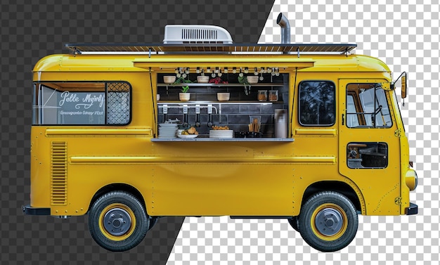 PSD gelber vintage-foodtruck mit menütafel auf transparentem hintergrund