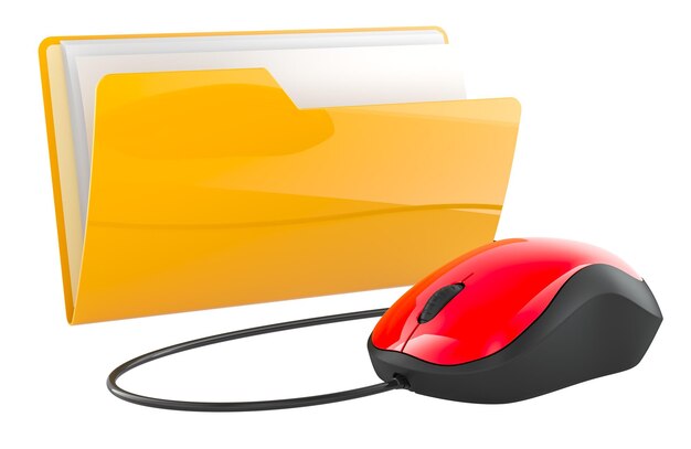 Gelbes Computerordner-Symbol mit 3D-Rendering der Computermaus, isoliert auf durchsichtigem Hintergrund