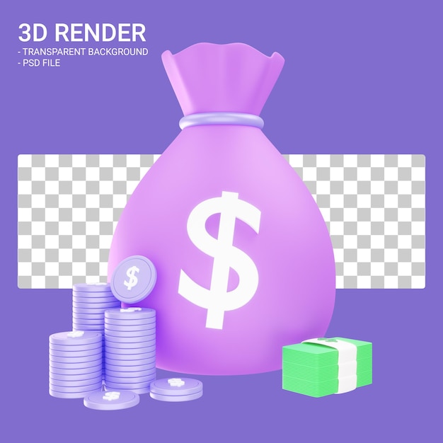 PSD geldbeutel mit münze und geld in 3d-rendering