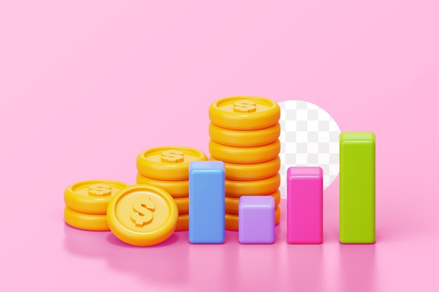 Geldmünze mit Diagrammbalken, Wirtschaftsinvestitionsgeschäft und Finanzkonzept, 3D-Hintergrundillustration