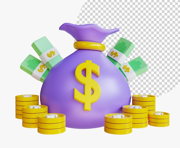 Geldsäcke und Banknoten Dollar-Cash-Dollar-Münzenstapel Geldeinsparung Gewinn Finanzdienstleistungen Geschäftsinvestitionen Finanzmetapher, die das Konzept von Cashback und Geld verdienen 3D-Rendering enthüllt