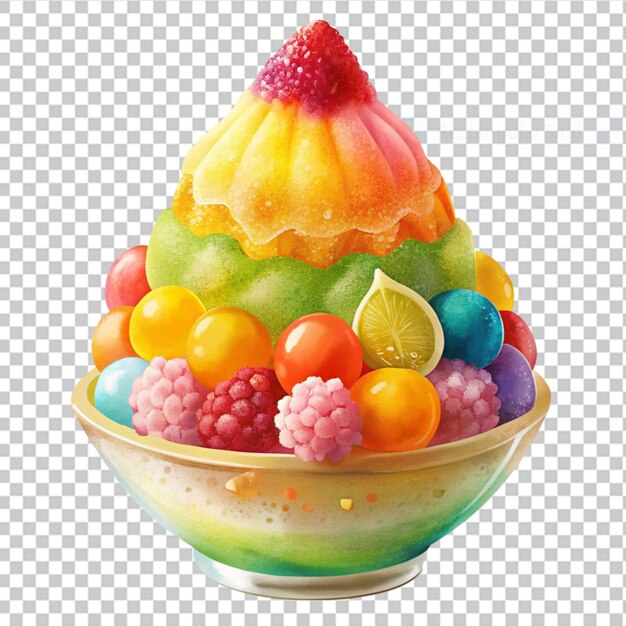 PSD gelo raspado com sabor a frutas coloridas em fundo transparente