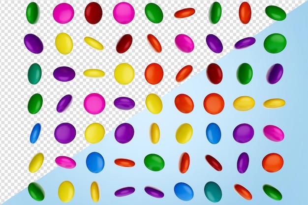 Gemas de caramelos de colores en varios colores aislados en un fondo azul cielo