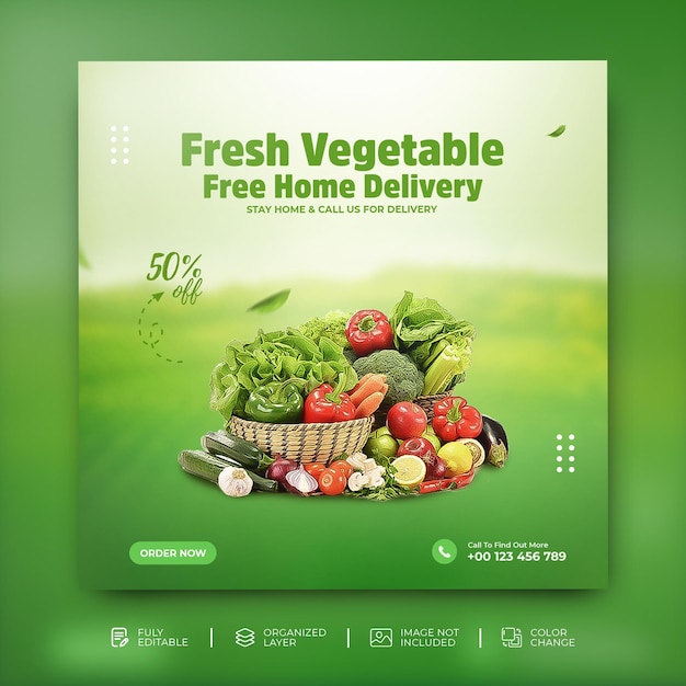 Gemüse- und lebensmittellieferungsförderung instagram social media post template premium psd