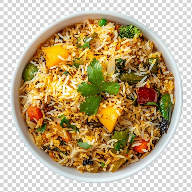 Gemüsebiryani in einer weißen Schüssel, Top-View, isoliert auf transparentem Hintergrund