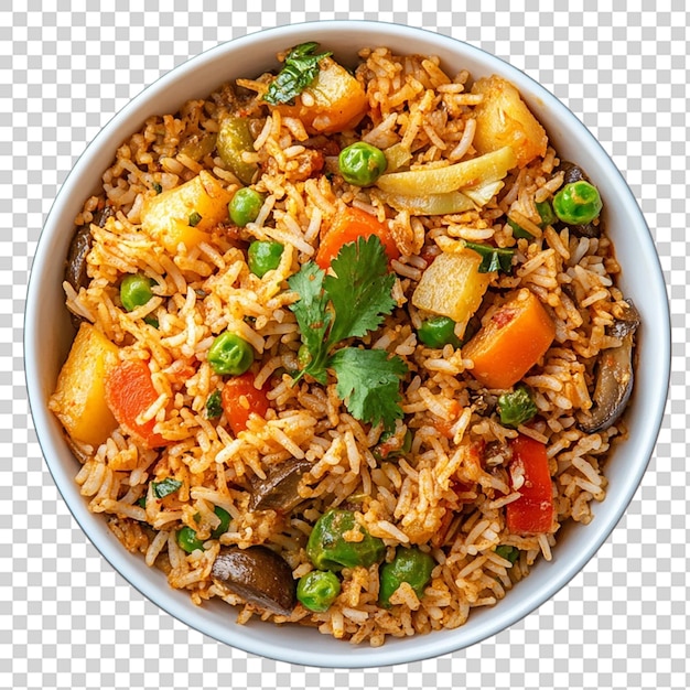 Gemüsebiryani in einer weißen Schüssel, Top-View, isoliert auf transparentem Hintergrund
