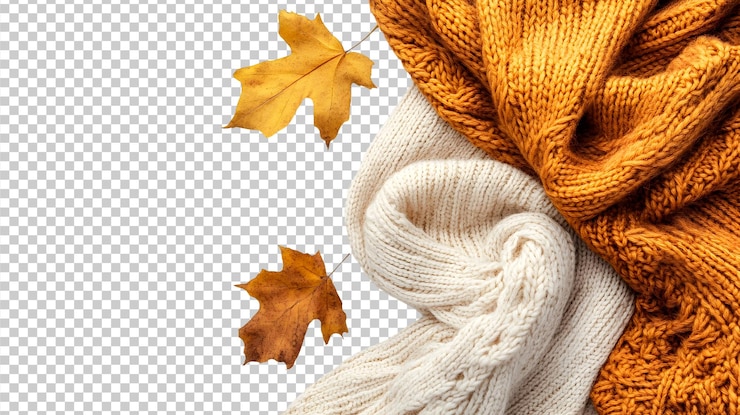 PSD gemütliche herbstschals und blätter, die für saisonale dekorationen auf durchsichtigem hintergrund angeordnet sind