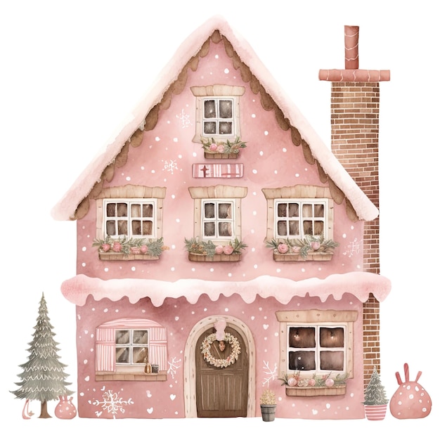 PSD gemütliche weihnachten pink house clipart in aquarell