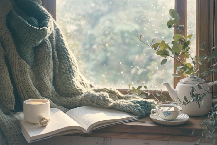 PSD gemütliche winterszene mit einer tasse tee, einem buch und einer decke auf einer fensterbank