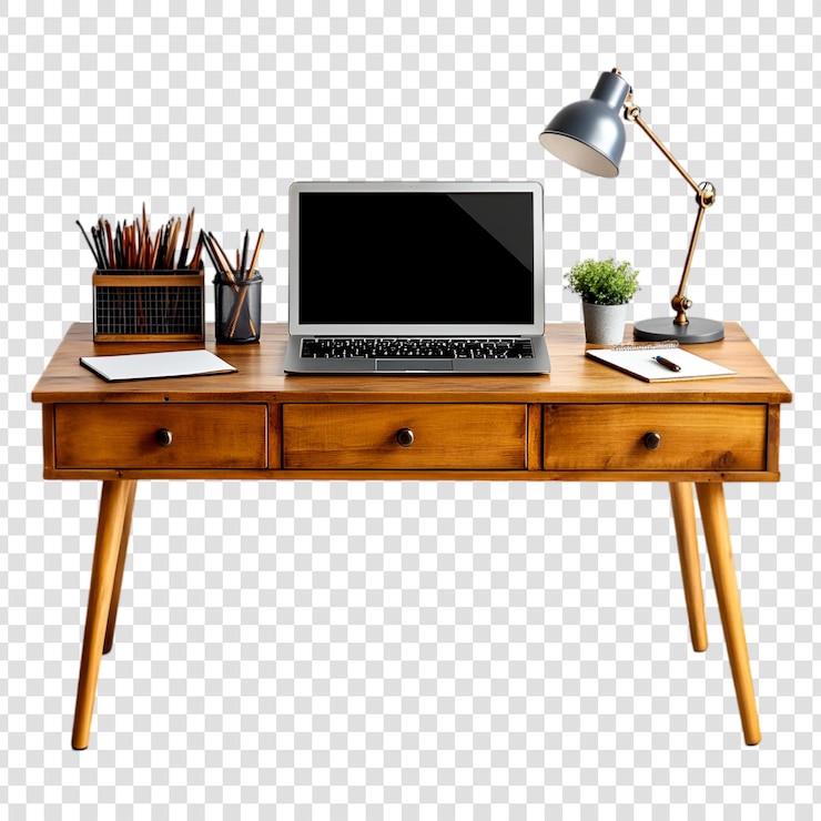 PSD gemütlicher arbeitsplatz bereit für kreative arbeit laptop bleistifte pflanze schreibtischlampe