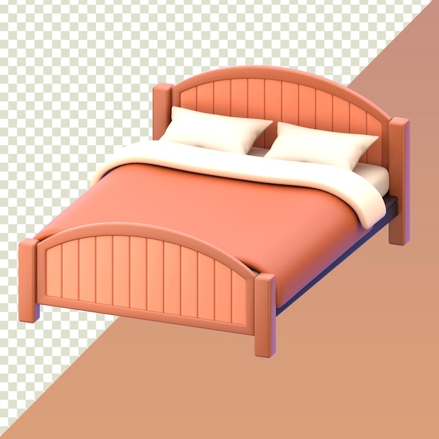 Gemütliches Cartoon-Bett 3D-Render, isoliert auf durchsichtigem Hintergrund