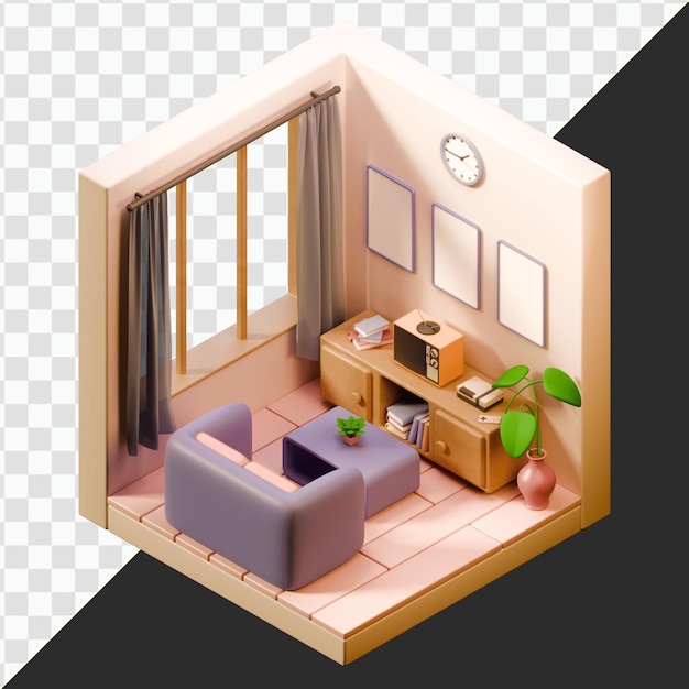 Gemütliches isometrisches Wohnzimmer 3D-Render