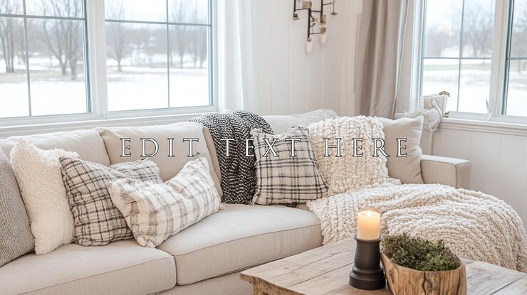 PSD gemütliches wohnzimmer mit beige sofa, kissen, decken und kerze auf dem coffee-tisch in der nähe des fensters