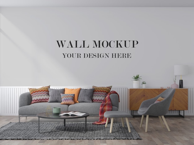 Gemütliches Wohnzimmerwandmodell hinter grauem Sofa