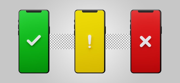 Genehmigen ablehnungswarnung grünes häkchen rotes kreuz gelbe vorsicht auf smartphone-bildschirmen 3d-rendering