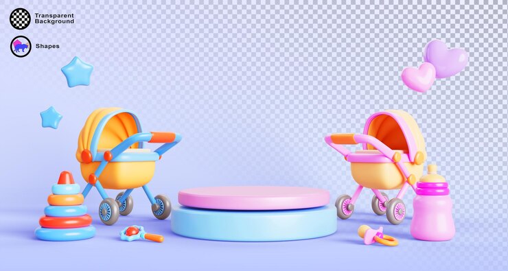 PSD género 3d revela fondo de la fiesta con podio niño azul o niña rosa pancarta de ducha de bebé con carruaje de escenario botella chupete juguete volando estrellas y corazones nacimiento de gemelos saludo
