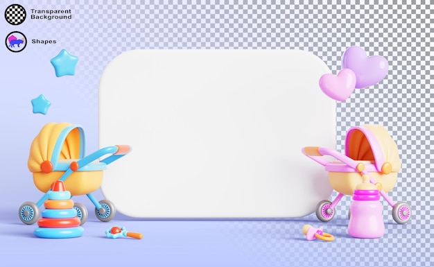 Género revela plantilla de tarjeta de invitación de fiesta para niño o niña 3d renderizar pancarta blanca en blanco con cochecito de bebé azul rosa juguetes de botella con estrellas y corazones voladores decoración para evento navideño