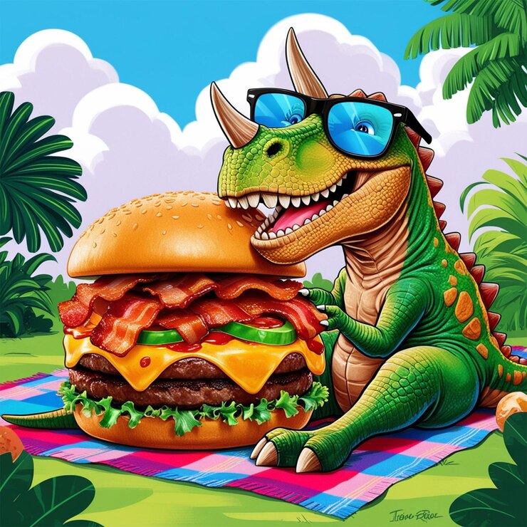 PSD genial dinosaurio comiendo dibujos animados de hamburguesas