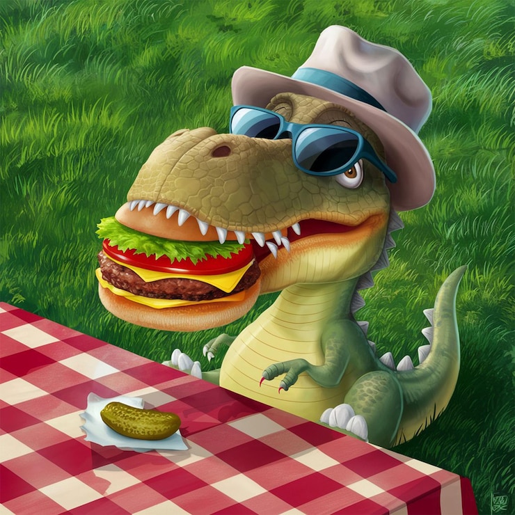 PSD genial dinosaurio comiendo dibujos animados de hamburguesas