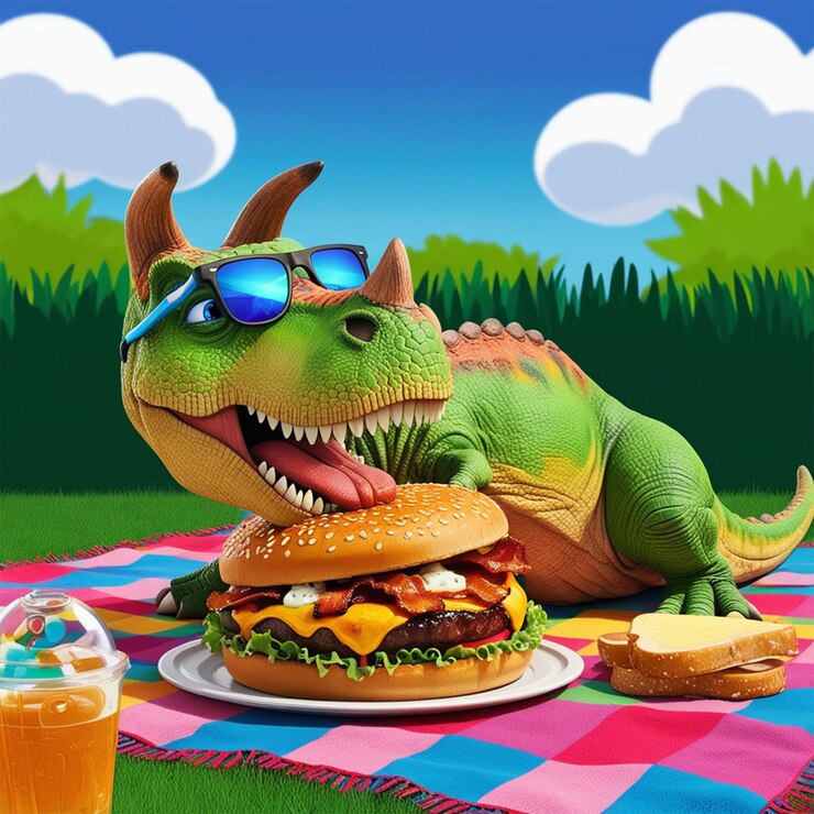 PSD genial dinosaurio comiendo dibujos animados de hamburguesas