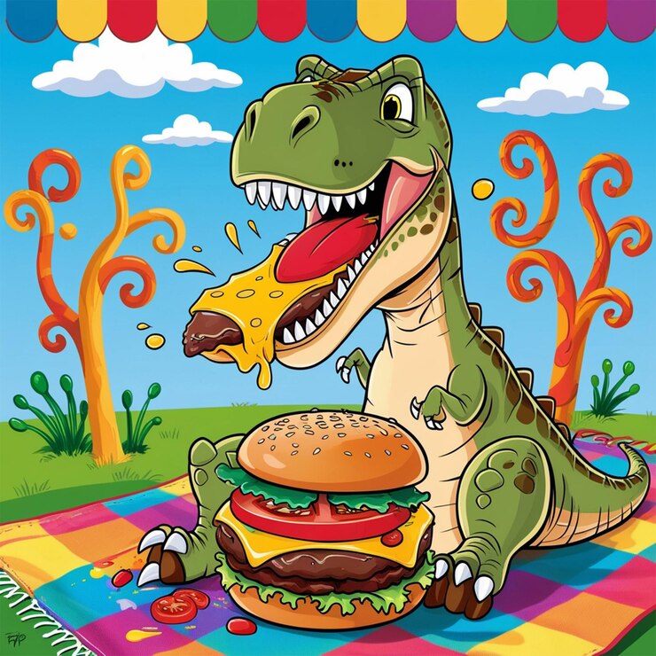 PSD genial dinosaurio comiendo dibujos animados de hamburguesas