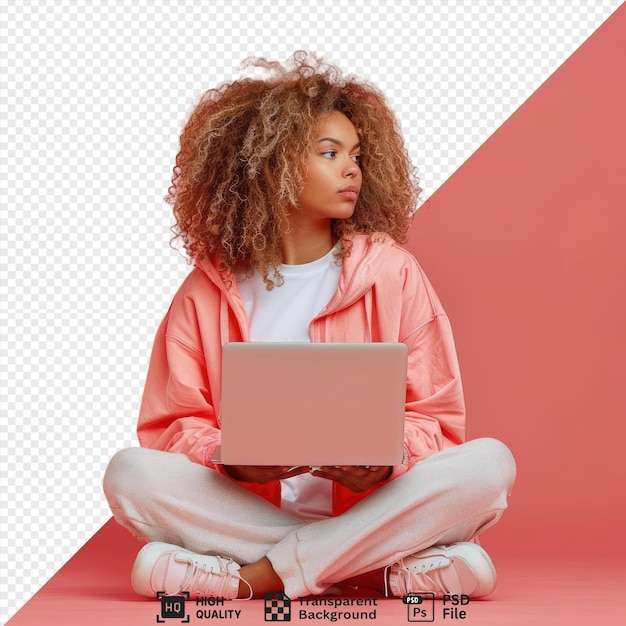 PSD géniale sur internet femme aux cheveux bouclés assise sur le sol avec un ordinateur portable png