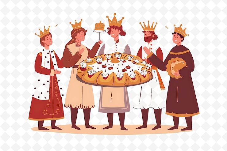 PSD les gens célèbrent l'épiphanie avec une galette des rois desi illustration plate caractère culturel