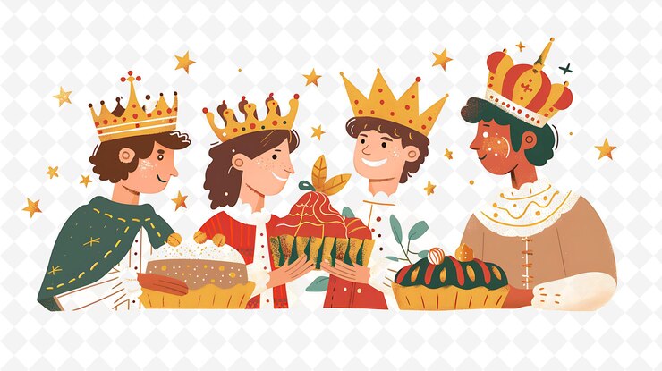 PSD les gens célèbrent l'épiphanie avec une galette des rois desi illustration plate caractère culturel