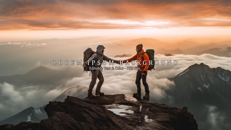 PSD des gens qui s'aident les uns les autres à grimper une montagne au lever du soleil en donnant une main d'aide.
