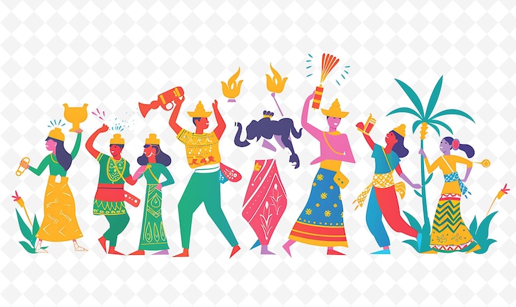 PSD la gente bailando durante el diseño de songkran es vibrante y lúdica ilustración plana carácter de la cultura