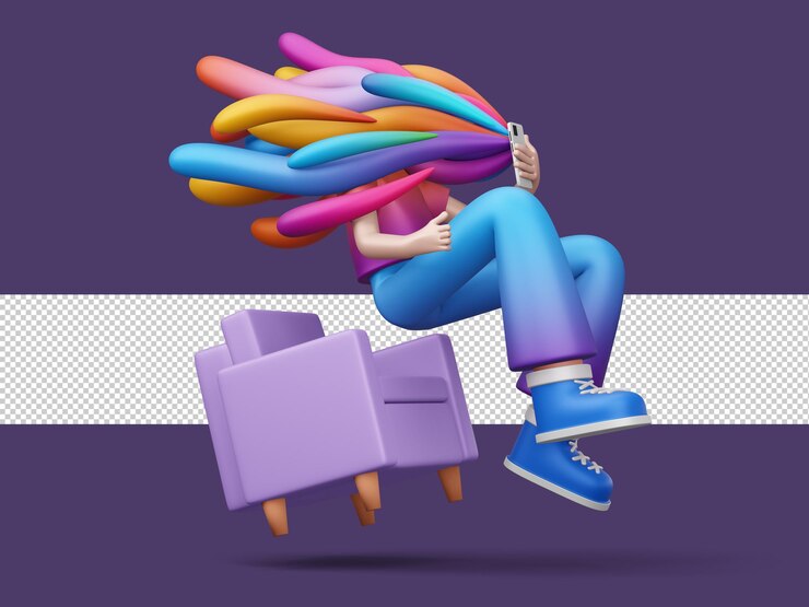 PSD gente flotante colorida feliz con teléfono móvil y sofá