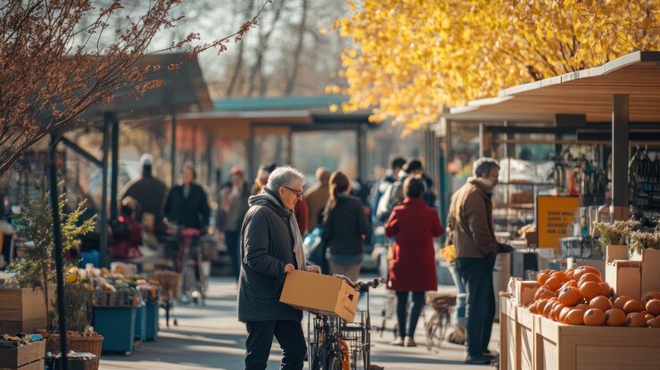 PSD gente haciendo compras en un mercado al aire libre en un soleado día de otoño