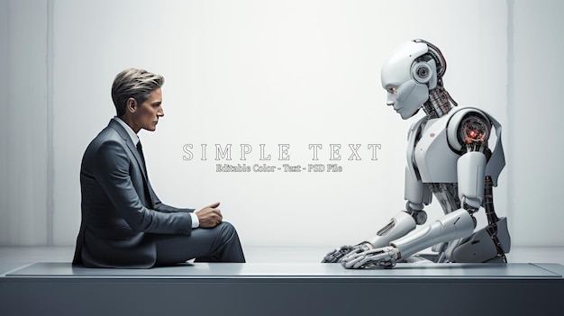 PSD gente de negocios y robot de ia humanoide sentados y esperando una entrevista de trabajo