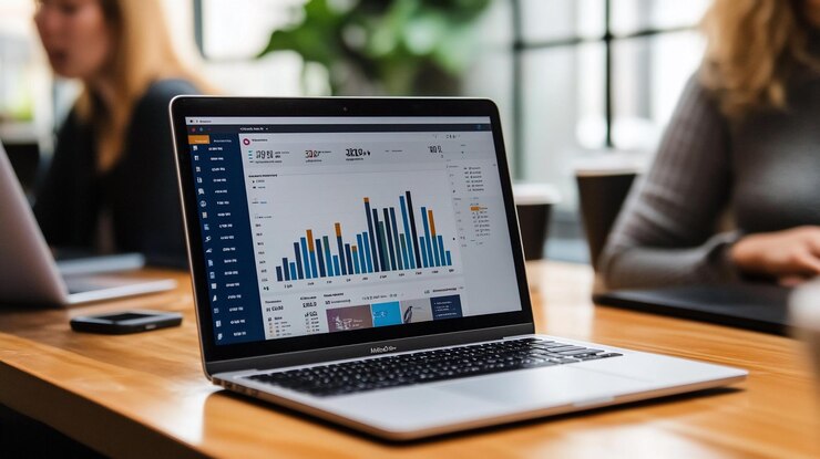 PSD gente de negocios trabajando en una computadora portátil con gráficos y gráficos mostrados en la pantalla