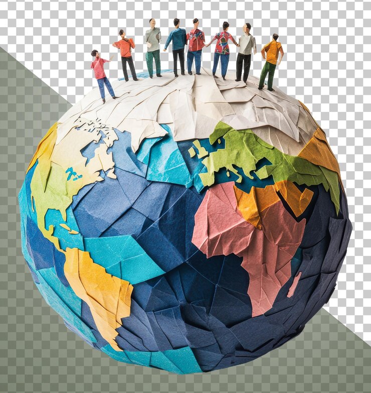 PSD gente de png de pie en un globo de papel que simboliza la unidad