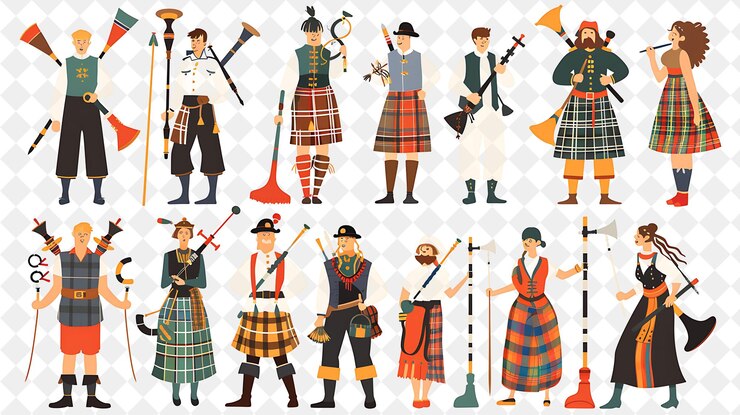 PSD la gente que asiste a un tradicional juego de las tierras altas de escocia diseña el festival de ilustración plana del mundo