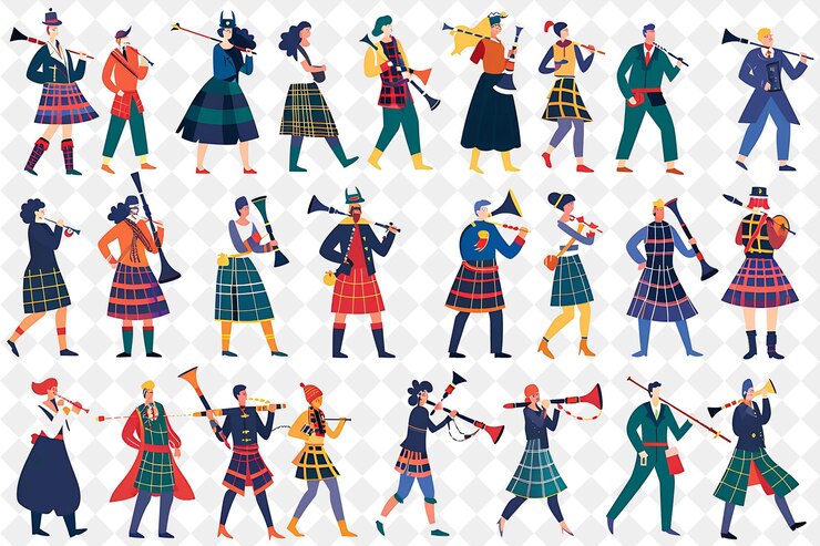 PSD la gente que asiste a un tradicional juego de las tierras altas de escocia diseña el festival de ilustración plana del mundo