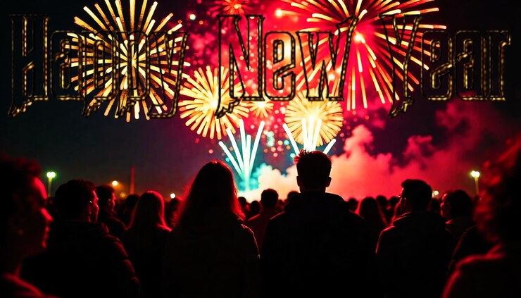 PSD gente viendo fuegos artificiales con la palabra nueva en él