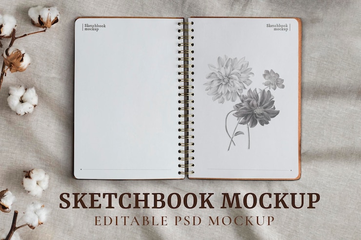 PSD geöffnete skizzenbuchseiten mockup psd auf blumenhintergrund
