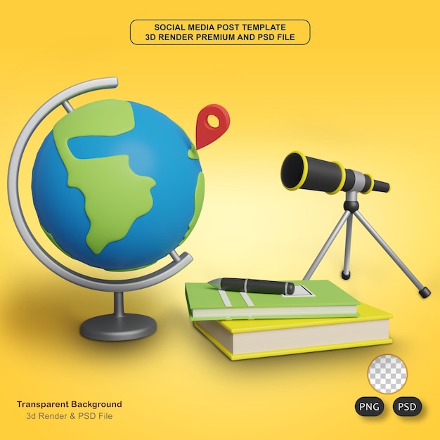 geografía globo y binoculares 3d render ilustración