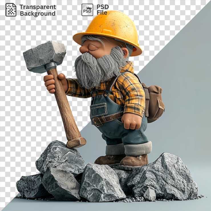 PSD geólogo 3d examinando rocas con un martillo de geólogos en la mano con un sombrero amarillo y barba gris de pie junto a una gran roca gris y una roca gris con un