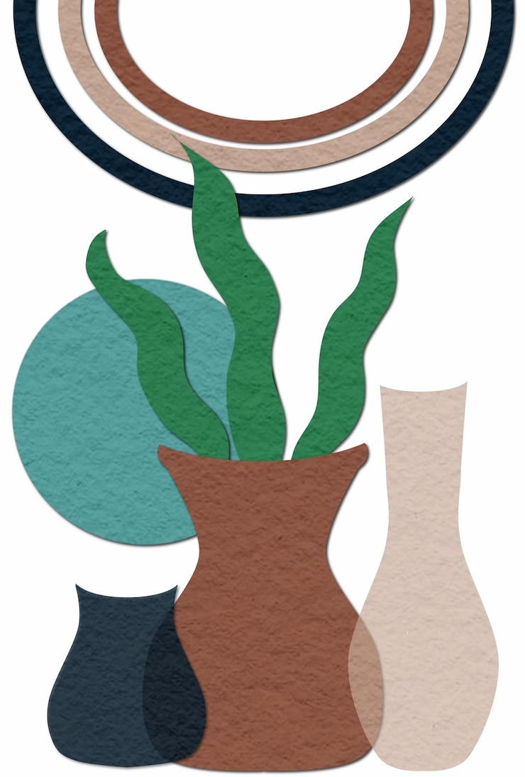 PSD geometric abstract wall art with a botanical theme with plant elements in a vase