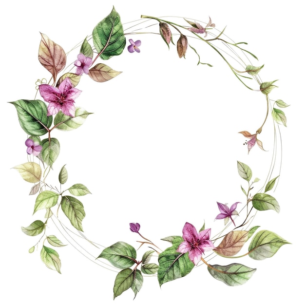 Geometrischer Blumenkränz mit grünen Blättern und Blumen Aquarellkunstwerk AIG56