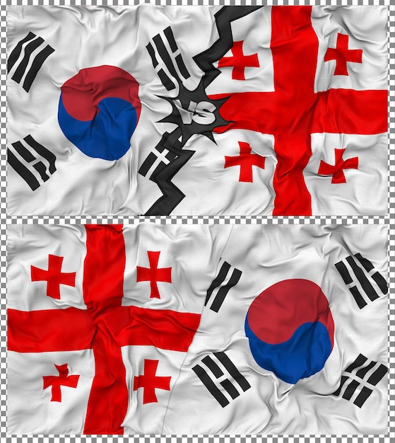 Georgia gegen Südkorea Halbkombinierte Flagge Stoff-Bump-Textur 3D-Rendering