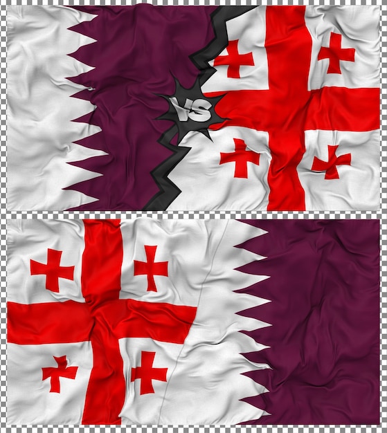 Georgien gegen Katar Halbkombinierte Flagge Stoff Bump Textur 3D-Rendering