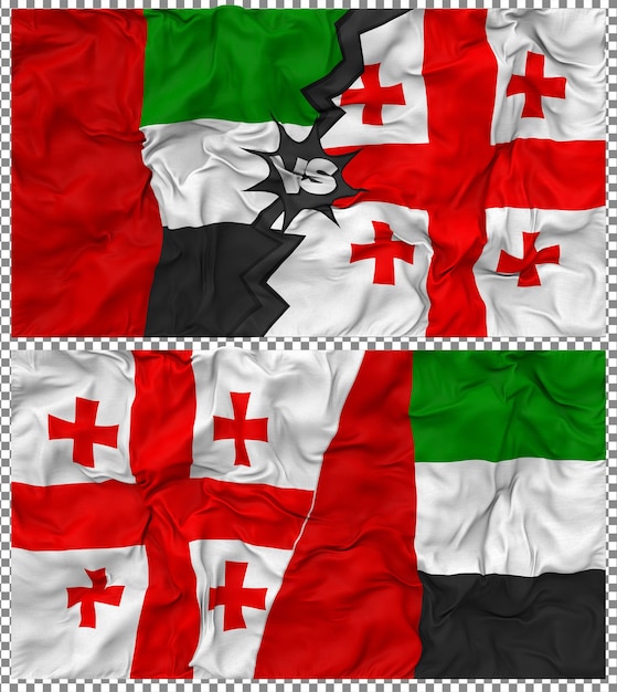 Georgien gegen Vereinigte Arabische Emirate Halbkombinierte Flagge Stoff Bump Textur 3D-Rendering