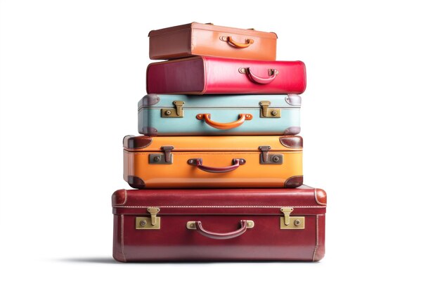 Gepäck auf einem isolierten weißen hintergrund viele koffer taschen und rucksäcke reisegepäck urlaub und reisekonzept