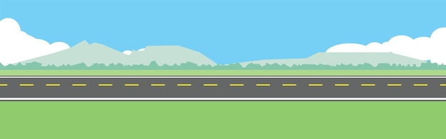 Gerade Autobahn mit Berg- und Wolkenhintergrund im flachen Stil