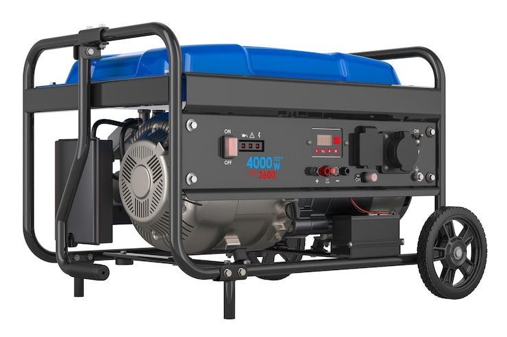 PSD gerador de gasolina azul com estrutura e rodas renderização 3d isolada em fundo transparente